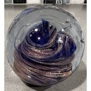 3” Purple Silver Paperweight Bubbles Glass Galaxy Swirl